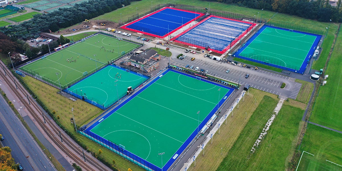 Nottingham Hockey Centre pitches, green and blue.