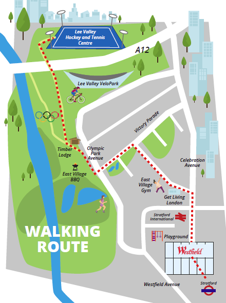 Lee Valley Hockey and Tennis centre Walking route map from Westfield 